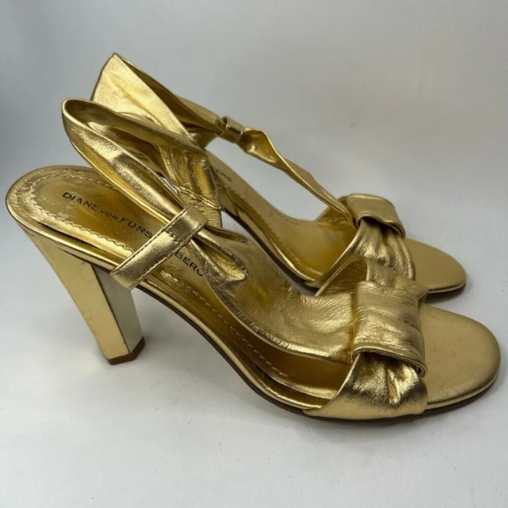 DIANE von FURSTENBERG Made in Italy 🇮🇹 Gold Designer Metallic Heels Size 7M‎
